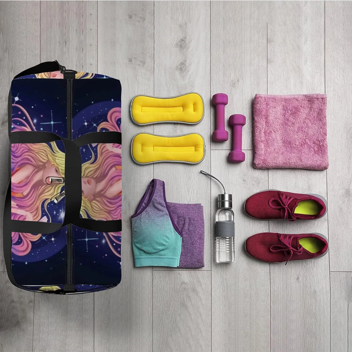 Cute Beautiful Mermaid Blue Background Illustration Sports Bag Tote Bag Waterproof Gym Bag with Shoulder Strap Zipper 2 Side Pockets for Men and Women, Travel and Storage Shoulder Bag.