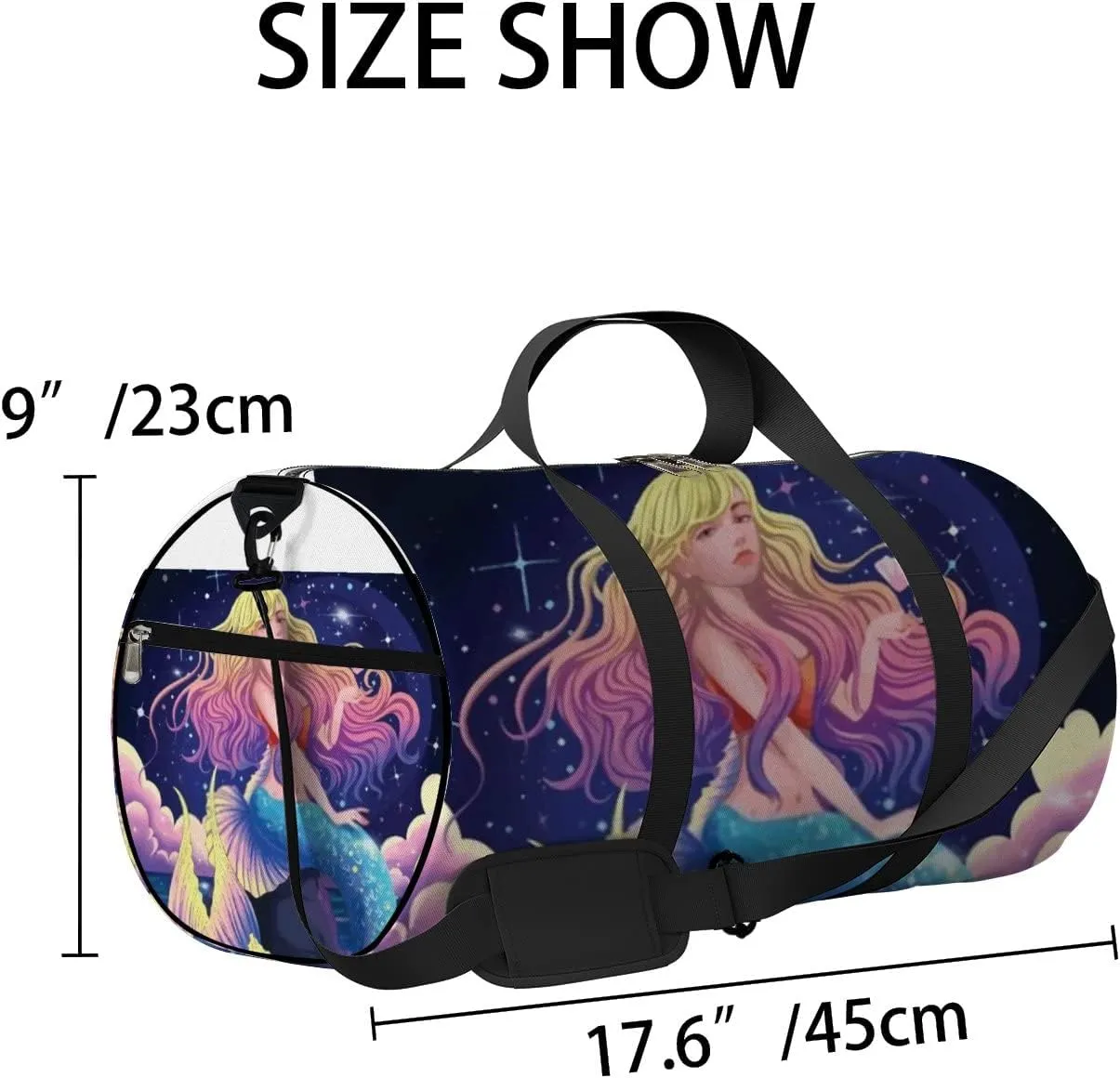 Cute Beautiful Mermaid Blue Background Illustration Sports Bag Tote Bag Waterproof Gym Bag with Shoulder Strap Zipper 2 Side Pockets for Men and Women, Travel and Storage Shoulder Bag.