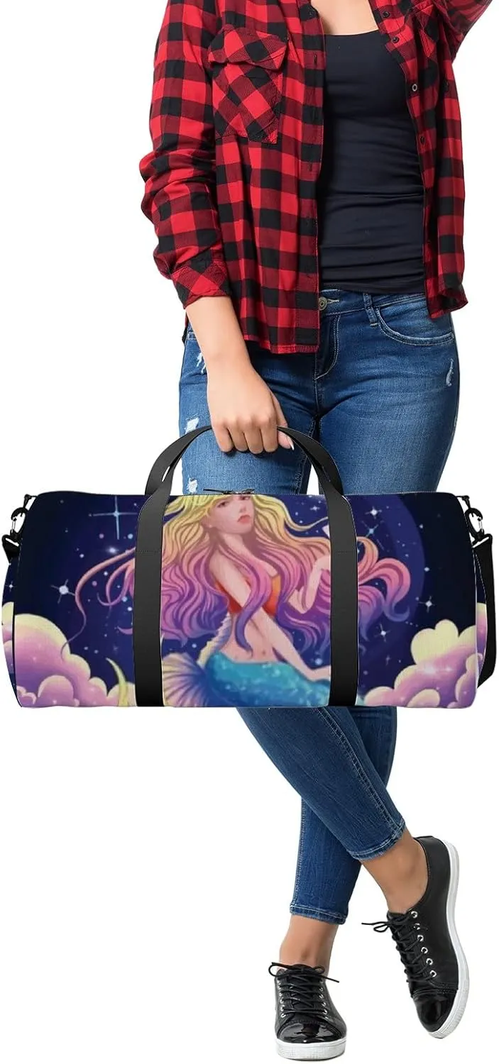 Cute Beautiful Mermaid Blue Background Illustration Sports Bag Tote Bag Waterproof Gym Bag with Shoulder Strap Zipper 2 Side Pockets for Men and Women, Travel and Storage Shoulder Bag.