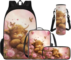 Cute Cattle School Backpack for Girls 4-6, Kawaii Book Bag for Girls Back to School Pencil Case and Water Bottle Holder Back Pack 4 PCS Set Adorable Study Supplies for Back to School