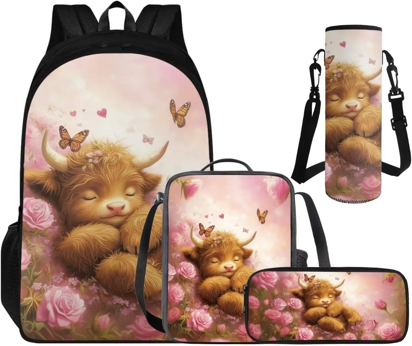 Cute Cattle School Backpack for Girls 4-6, Kawaii Book Bag for Girls Back to School Pencil Case and Water Bottle Holder Back Pack 4 PCS Set Adorable Study Supplies for Back to School
