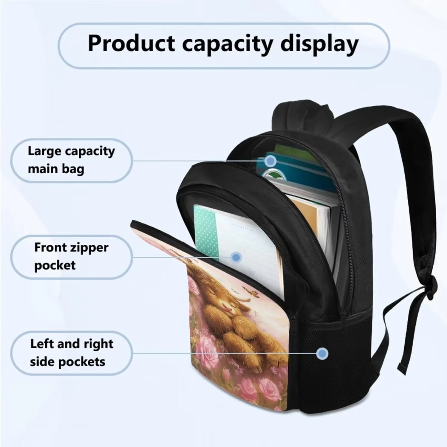 Cute Cattle School Backpack for Girls 4-6, Kawaii Book Bag for Girls Back to School Pencil Case and Water Bottle Holder Back Pack 4 PCS Set Adorable Study Supplies for Back to School