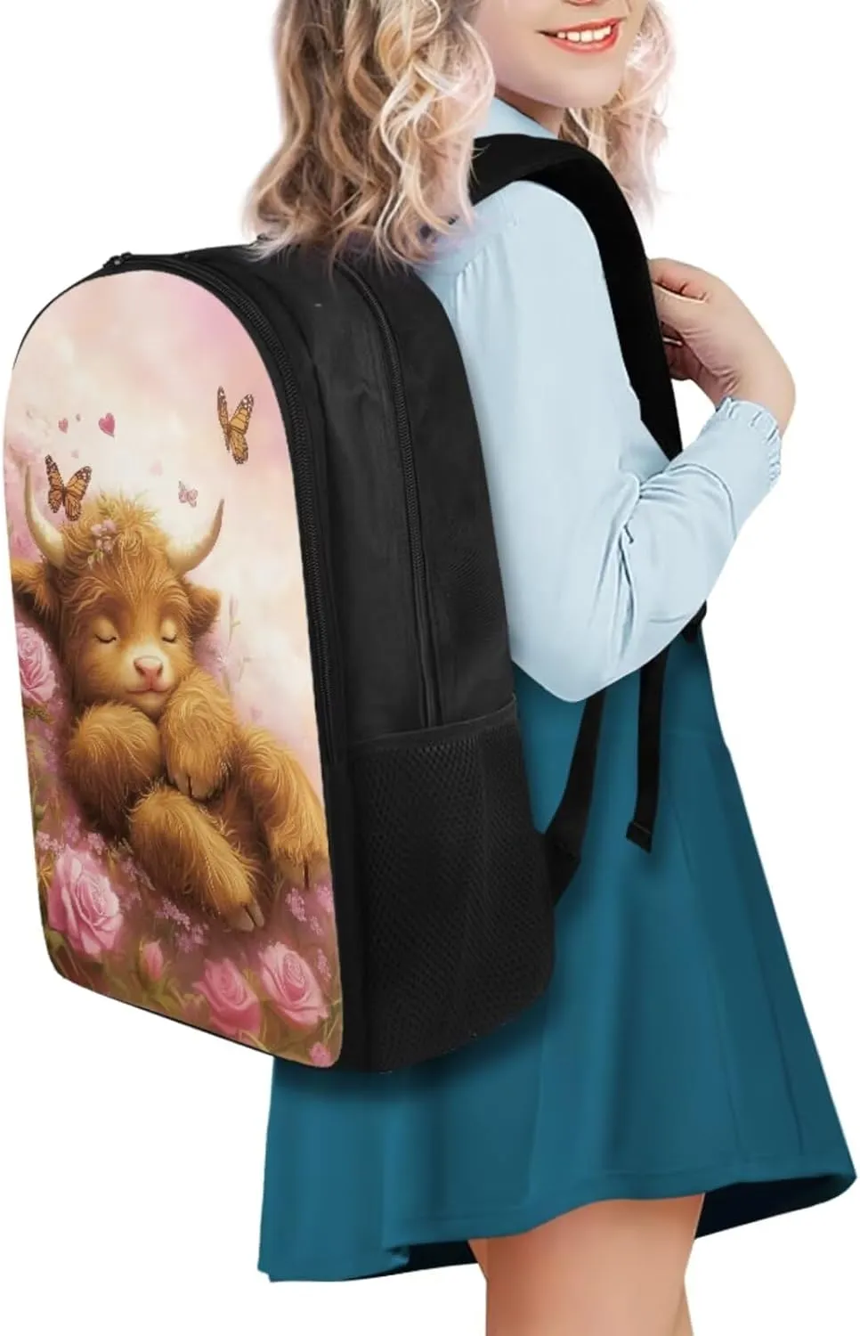 Cute Cattle School Backpack for Girls 4-6, Kawaii Book Bag for Girls Back to School Pencil Case and Water Bottle Holder Back Pack 4 PCS Set Adorable Study Supplies for Back to School
