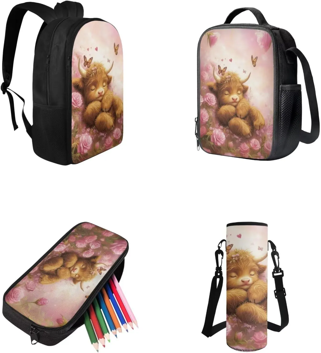 Cute Cattle School Backpack for Girls 4-6, Kawaii Book Bag for Girls Back to School Pencil Case and Water Bottle Holder Back Pack 4 PCS Set Adorable Study Supplies for Back to School
