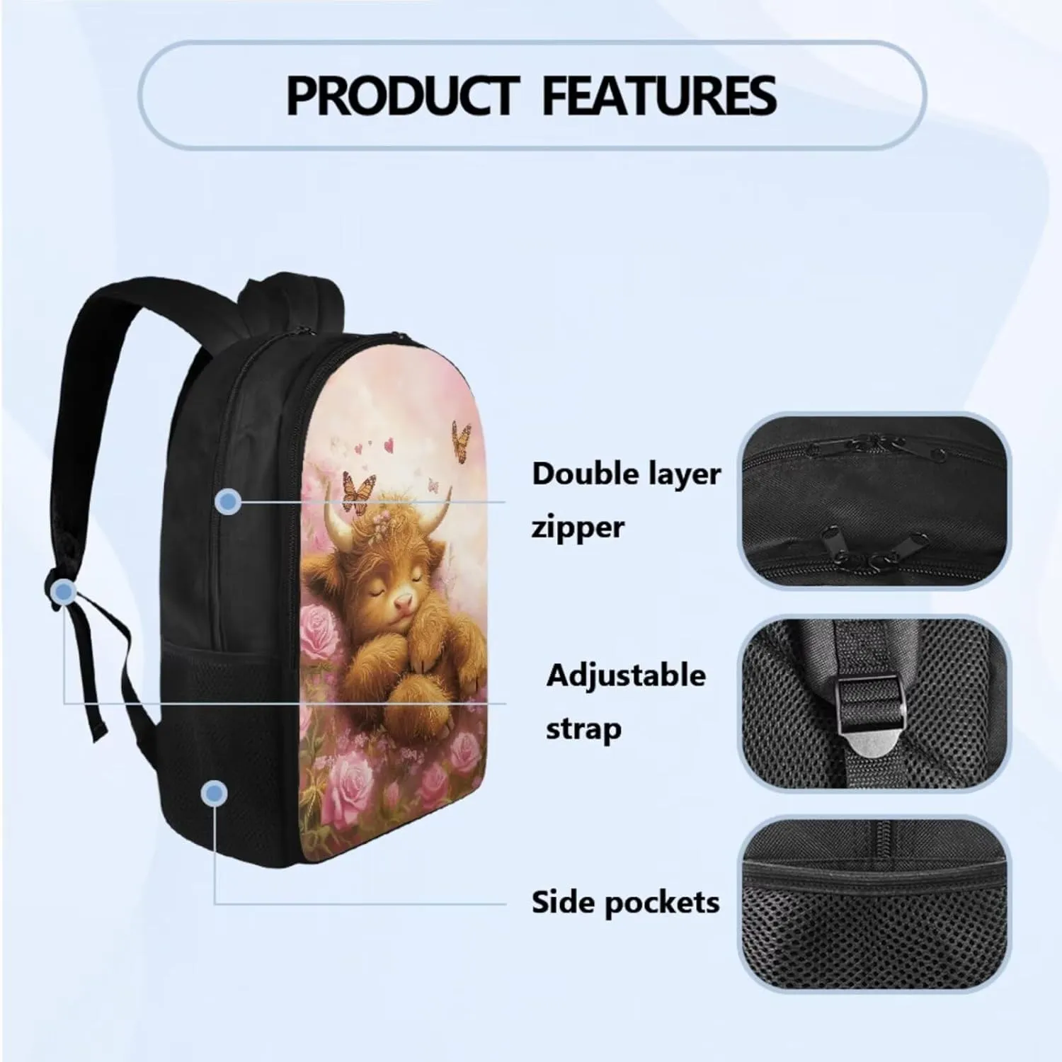 Cute Cattle School Backpack for Girls 4-6, Kawaii Book Bag for Girls Back to School Pencil Case and Water Bottle Holder Back Pack 4 PCS Set Adorable Study Supplies for Back to School