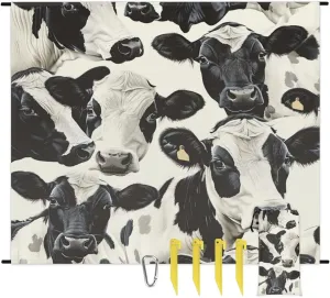 Cute Cow Beach Blanket, Sandproof Beach Mat, Adults Waterproof Quick Drying Sand Free Mat with 4 x Ground Spikes for Outdoor Travel Camping Hiking, Animal Cow Print