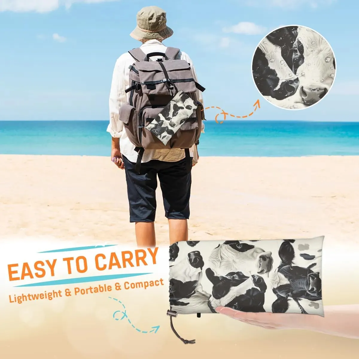 Cute Cow Beach Blanket, Sandproof Beach Mat, Adults Waterproof Quick Drying Sand Free Mat with 4 x Ground Spikes for Outdoor Travel Camping Hiking, Animal Cow Print