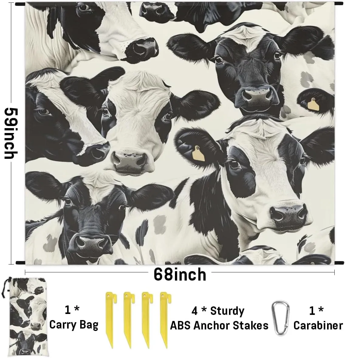 Cute Cow Beach Blanket, Sandproof Beach Mat, Adults Waterproof Quick Drying Sand Free Mat with 4 x Ground Spikes for Outdoor Travel Camping Hiking, Animal Cow Print