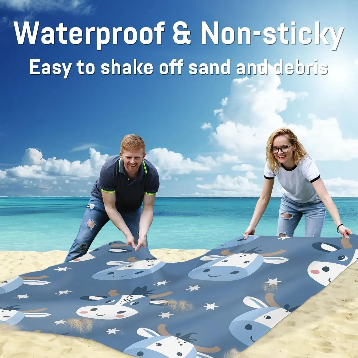 Cute Cow Beach Blanket, Sandproof Beach Mat, Adults Waterproof Quick Drying Sand Free Mat with 4 x Ground Spikes for Outdoor Travel Camping Hiking, Funny Cow