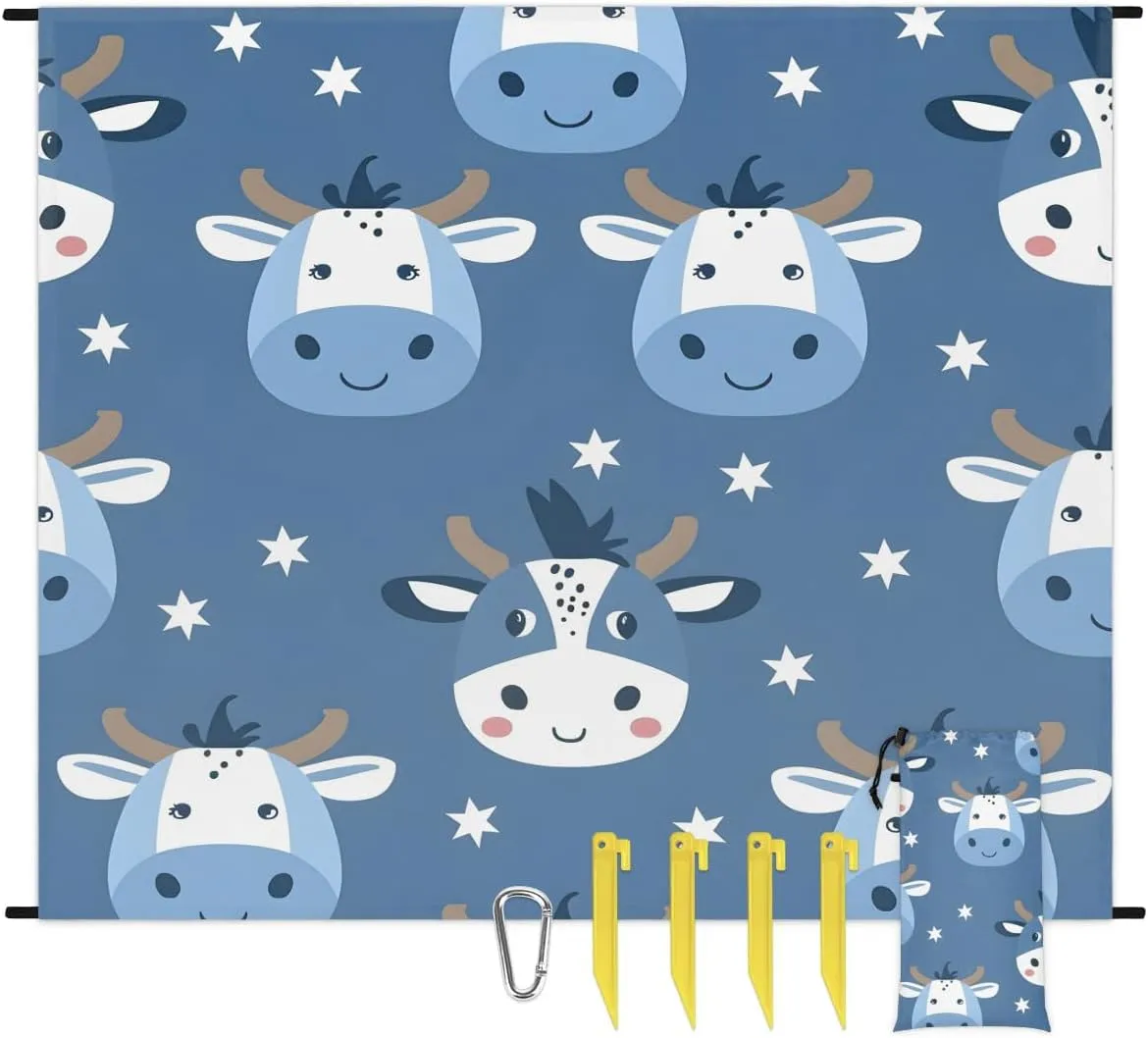Cute Cow Beach Blanket, Sandproof Beach Mat, Adults Waterproof Quick Drying Sand Free Mat with 4 x Ground Spikes for Outdoor Travel Camping Hiking, Funny Cow