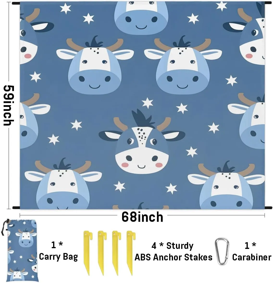 Cute Cow Beach Blanket, Sandproof Beach Mat, Adults Waterproof Quick Drying Sand Free Mat with 4 x Ground Spikes for Outdoor Travel Camping Hiking, Funny Cow
