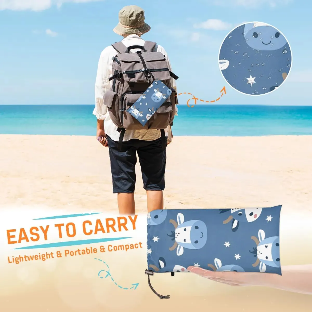 Cute Cow Beach Blanket, Sandproof Beach Mat, Adults Waterproof Quick Drying Sand Free Mat with 4 x Ground Spikes for Outdoor Travel Camping Hiking, Funny Cow