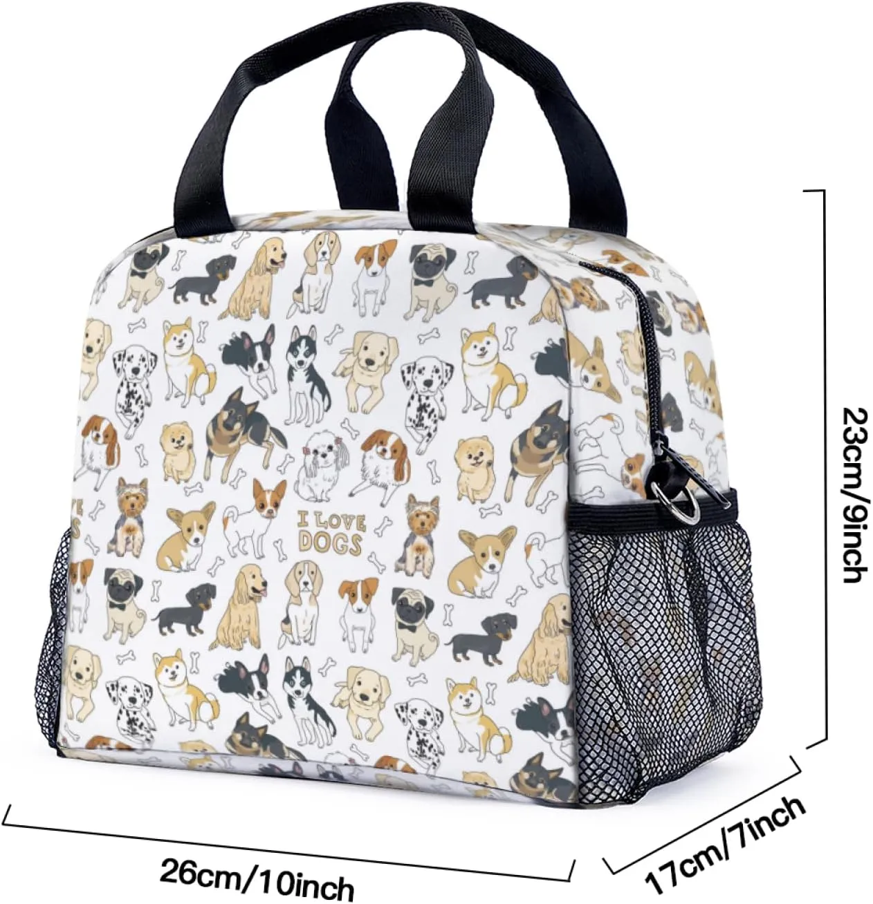 Cute Dogs Lunch Bag for Women Men Cute Large Capacity Thermal Lunch Tote Reusable Washable with Adjustable Shoulder Strap and Dual Large Mesh Side Pockets