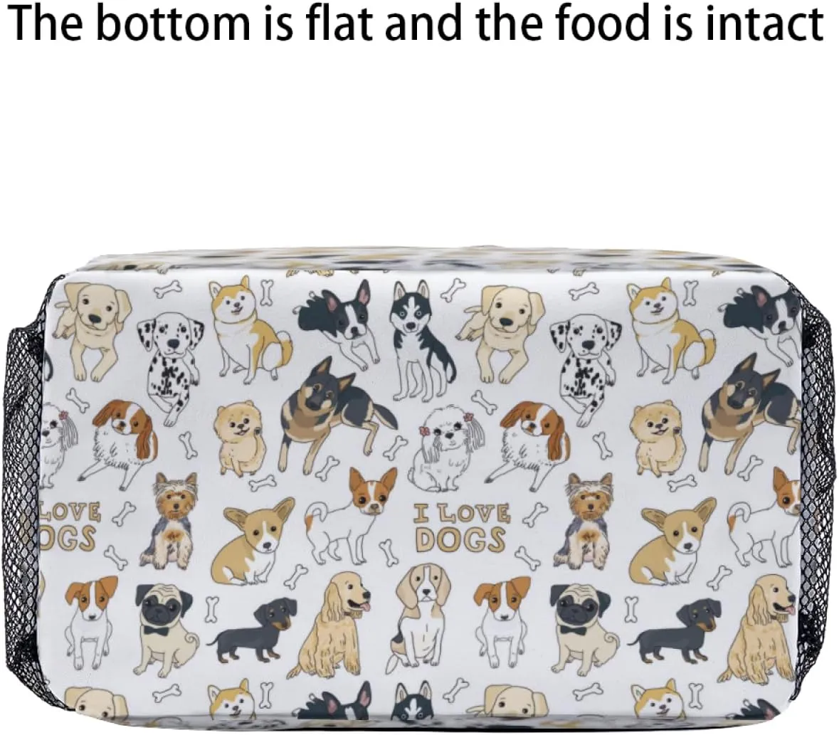 Cute Dogs Lunch Bag for Women Men Cute Large Capacity Thermal Lunch Tote Reusable Washable with Adjustable Shoulder Strap and Dual Large Mesh Side Pockets