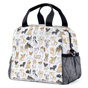 Cute Dogs Lunch Bag for Women Men Cute Large Capacity Thermal Lunch Tote Reusable Washable with Adjustable Shoulder Strap and Dual Large Mesh Side Pockets