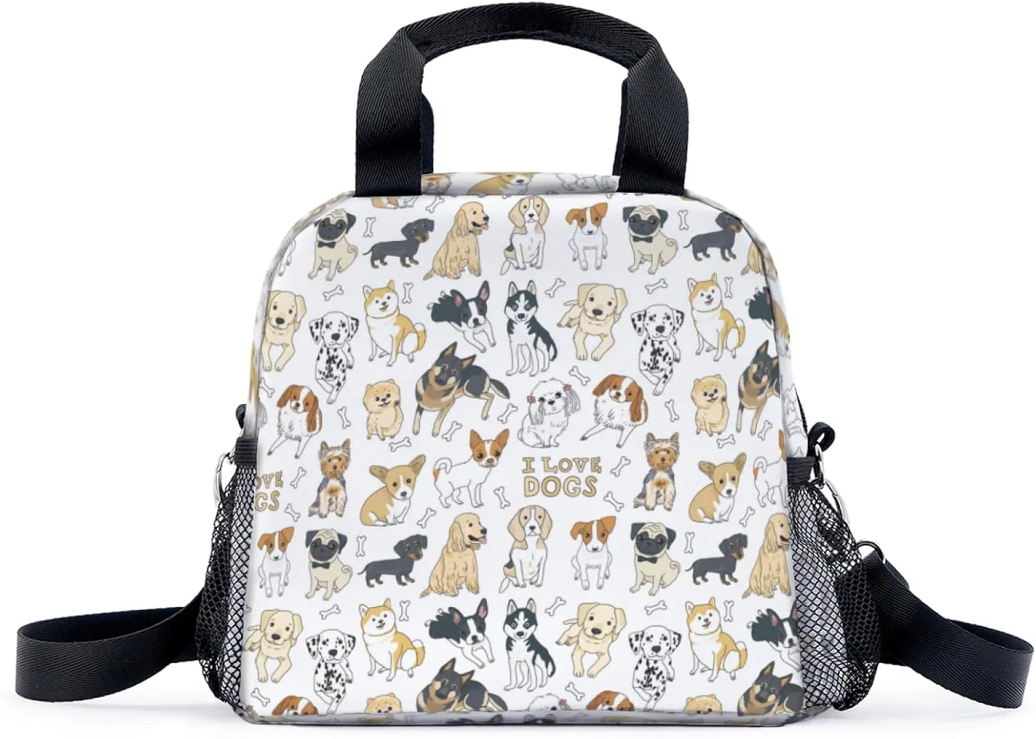 Cute Dogs Lunch Bag for Women Men Cute Large Capacity Thermal Lunch Tote Reusable Washable with Adjustable Shoulder Strap and Dual Large Mesh Side Pockets