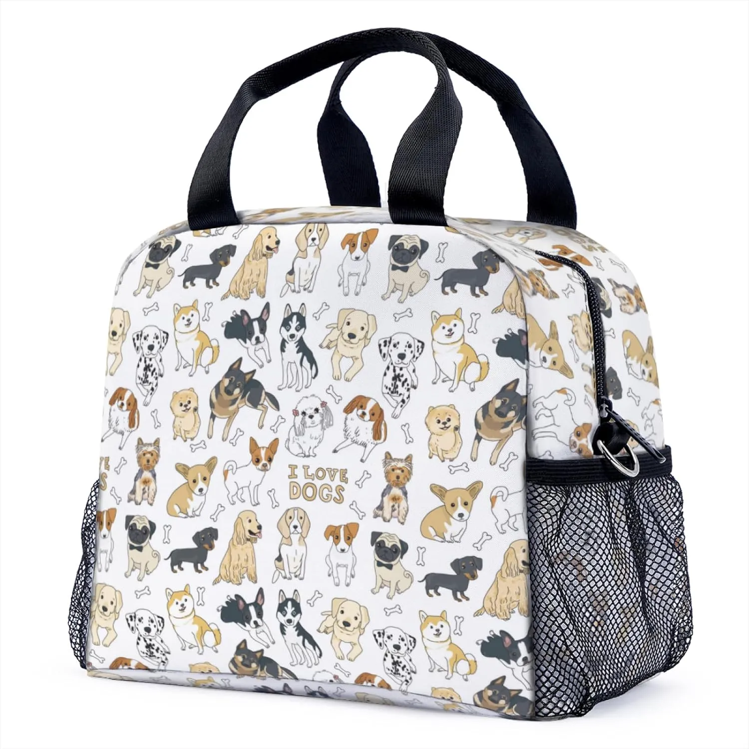 Cute Dogs Lunch Bag for Women Men Cute Large Capacity Thermal Lunch Tote Reusable Washable with Adjustable Shoulder Strap and Dual Large Mesh Side Pockets