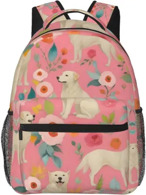Cute Golden Retriever Dog Pink Floral Art Shoulder Book Bags Polyester Multipurpose Anti-Theft Carry On Bag Large Capacity Travel Hiking & Camping Rucksack