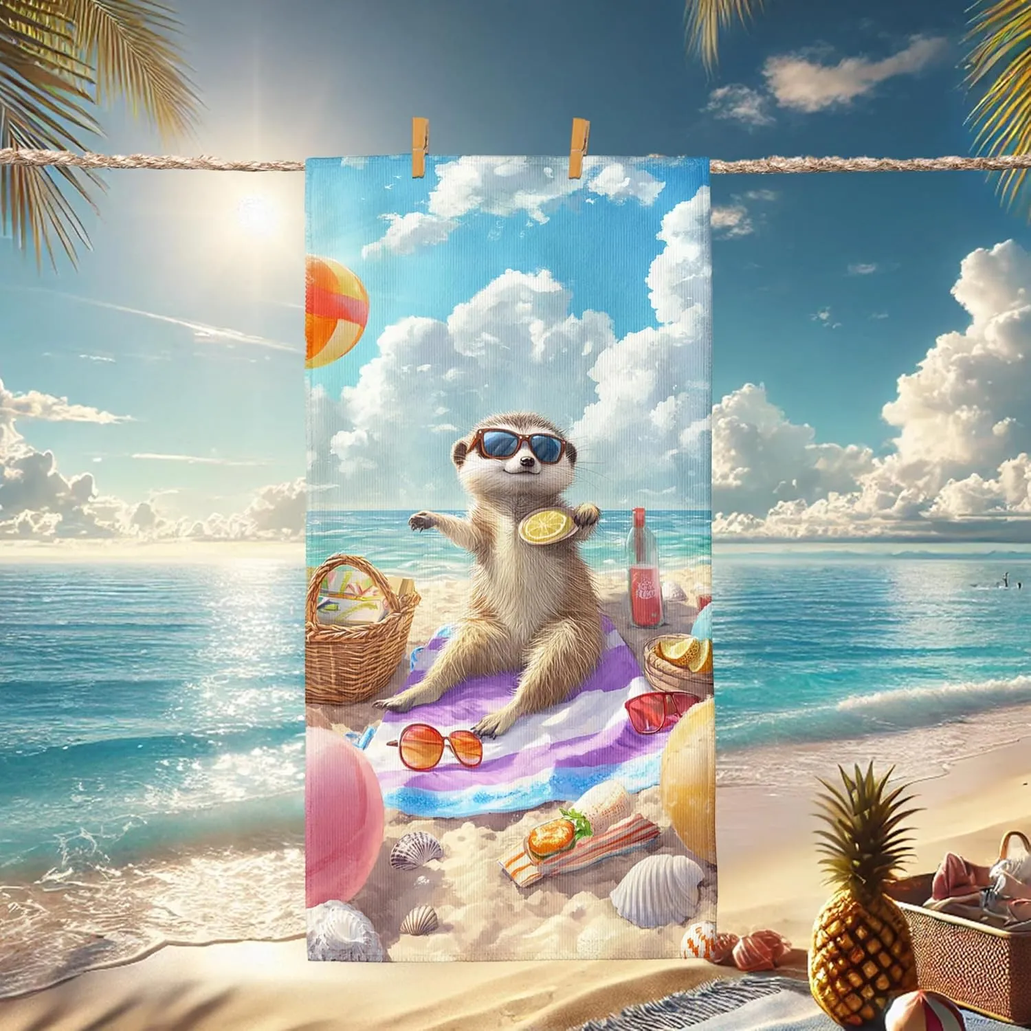 Cute Meerkat Beach Towel Tropical Paradise Microfiber, Quick Dry Sand Free Lightweight for Vacation Pool Picnic Essentials 62x31 Inch