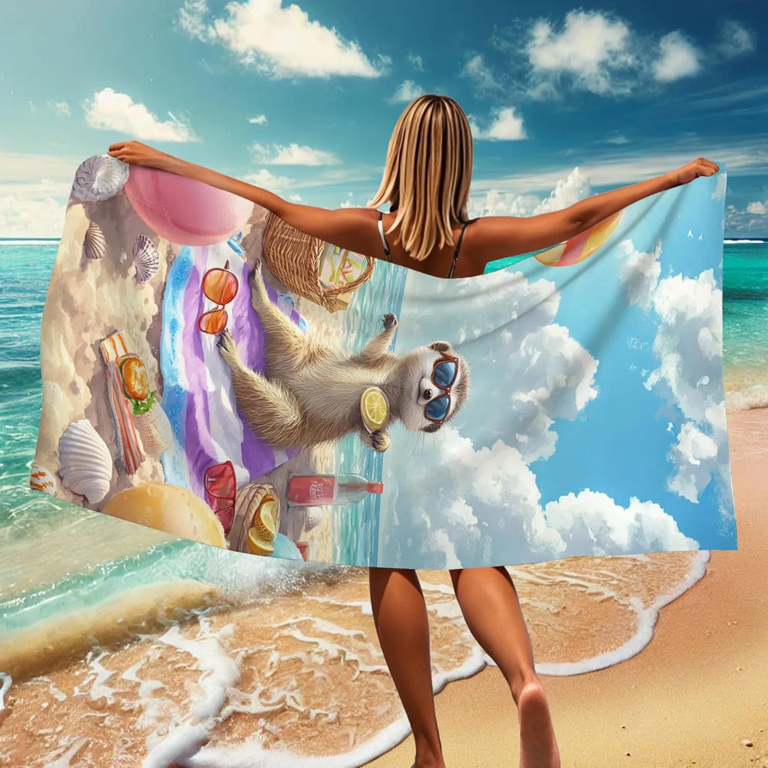 Cute Meerkat Beach Towel Tropical Paradise Microfiber, Quick Dry Sand Free Lightweight for Vacation Pool Picnic Essentials 62x31 Inch