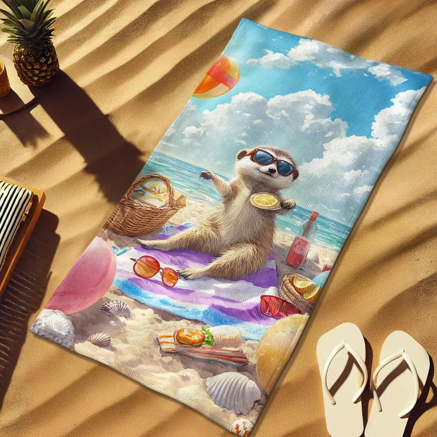 Cute Meerkat Beach Towel Tropical Paradise Microfiber, Quick Dry Sand Free Lightweight for Vacation Pool Picnic Essentials 62x31 Inch