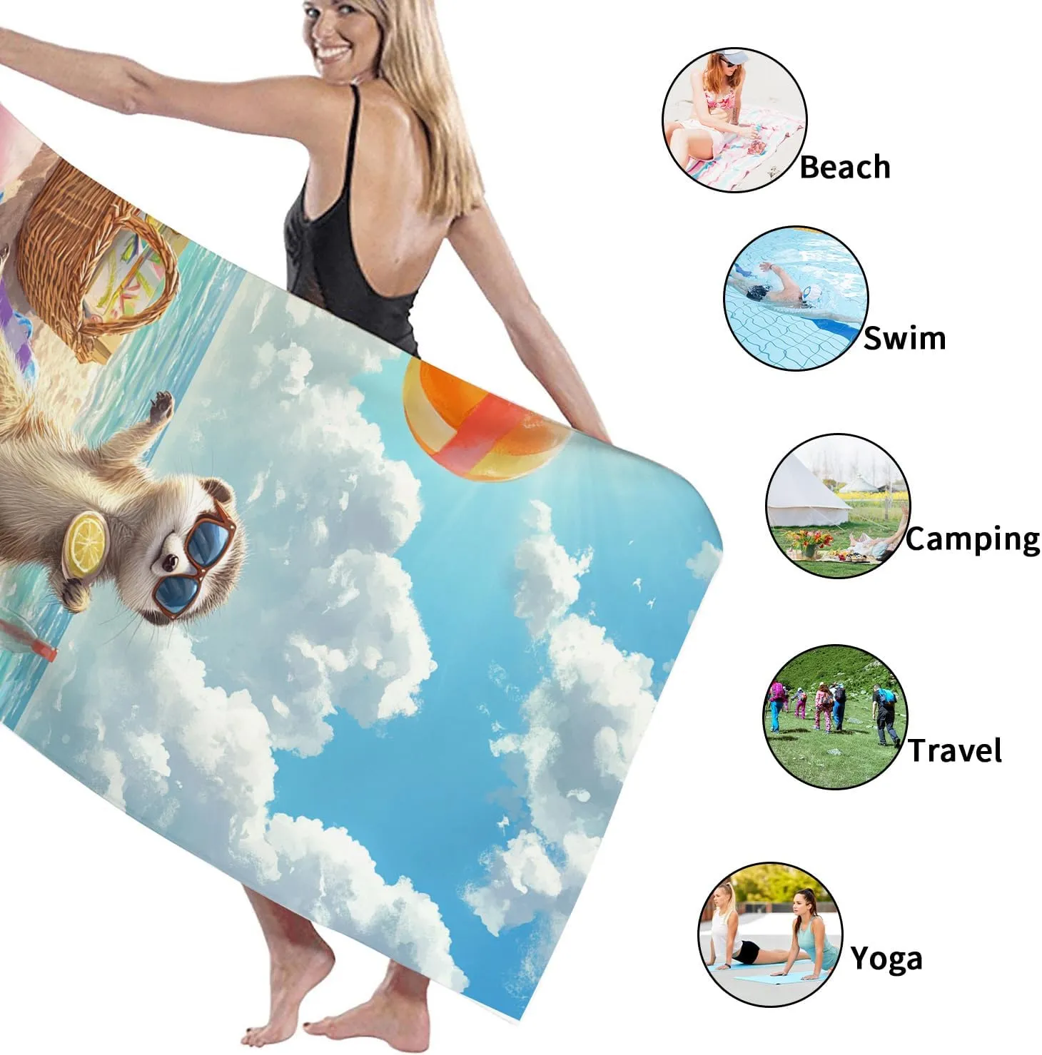 Cute Meerkat Beach Towel Tropical Paradise Microfiber, Quick Dry Sand Free Lightweight for Vacation Pool Picnic Essentials 62x31 Inch