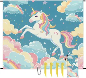 Cute Unicorn Beach Blanket, Sandproof Beach Mat, 68 x 59 Waterproof Quick Drying Sand Free Mat with 4 x Ground Spikes for Outdoor Travel Camping Hiking, Rainbow Unicorn
