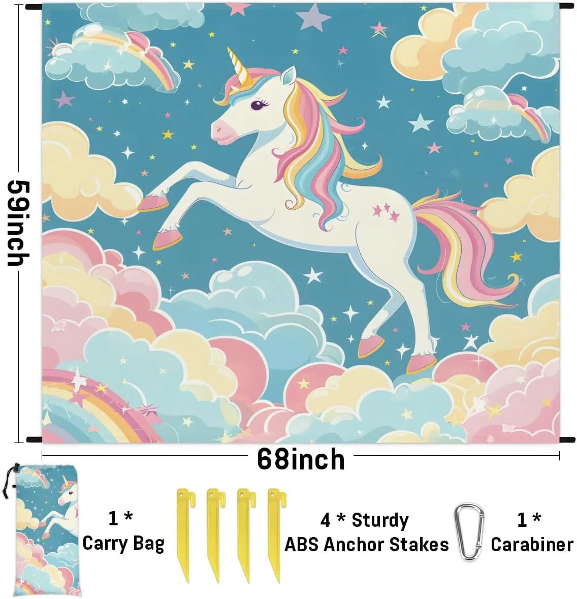 Cute Unicorn Beach Blanket, Sandproof Beach Mat, 68 x 59 Waterproof Quick Drying Sand Free Mat with 4 x Ground Spikes for Outdoor Travel Camping Hiking, Rainbow Unicorn