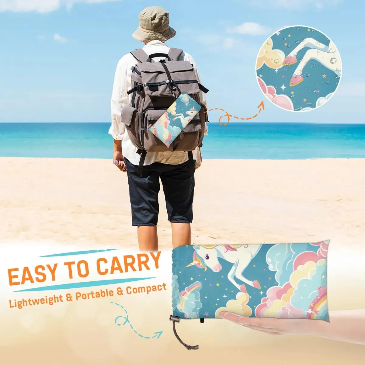 Cute Unicorn Beach Blanket, Sandproof Beach Mat, 68 x 59 Waterproof Quick Drying Sand Free Mat with 4 x Ground Spikes for Outdoor Travel Camping Hiking, Rainbow Unicorn