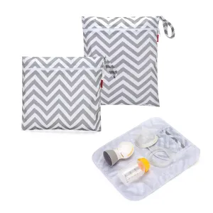 Damero Breast Pump Parts Bag, 2Pack Wet Bag for Breast Pump Parts Storage with Waterproof Mat, Gray Chevron
