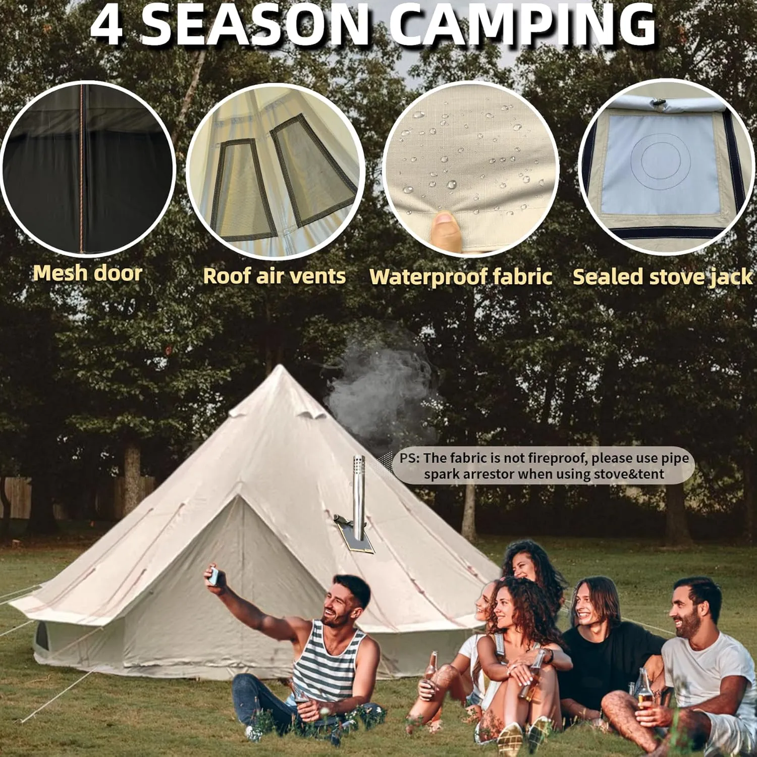DANCHEL OUTDOOR B2A Large Camping Yurt Tent No Center Pole, Portable Waterproof 4 Season Glamping Bell Tent with Stove Jack 4/8 Person Family Yurts House Living 300D Oxford Nylon, 13ft/16.4ft Khaki