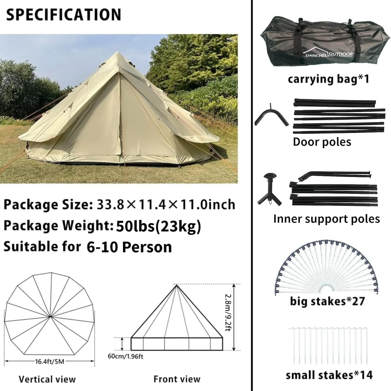 DANCHEL OUTDOOR B2A Large Camping Yurt Tent No Center Pole, Portable Waterproof 4 Season Glamping Bell Tent with Stove Jack 4/8 Person Family Yurts House Living 300D Oxford Nylon, 13ft/16.4ft Khaki