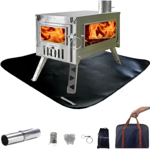 DANCHEL OUTDOOR Portable Wood Burning Stove with Fireproof Mat for Hot Tents– 304 Stainless Steel Folding Camping Stove Secondary Combustion Camping, 8.2FT Pipe