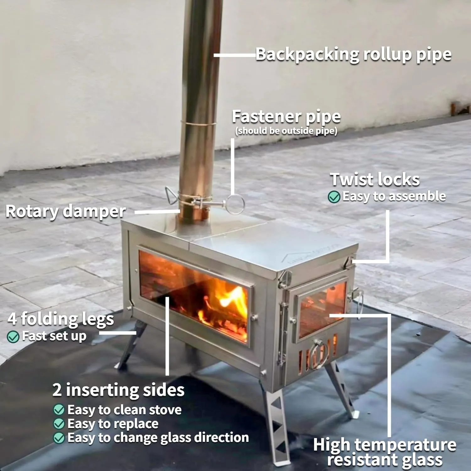 DANCHEL OUTDOOR Portable Wood Burning Stove with Fireproof Mat for Hot Tents– 304 Stainless Steel Folding Camping Stove Secondary Combustion Camping, 8.2FT Pipe