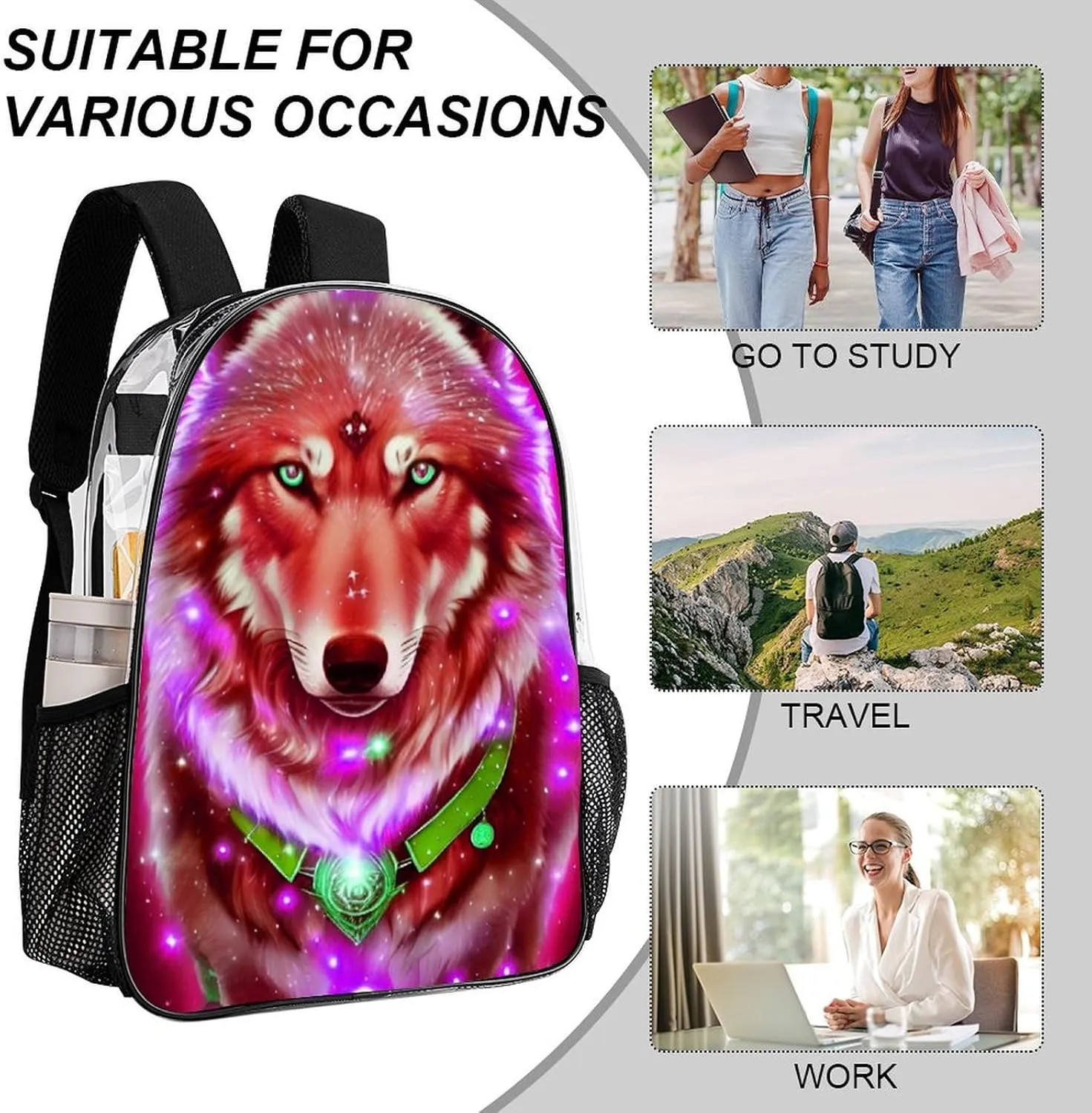 Daypack Backpack Anti-Theft Multipurpose Big Capacity Bookbag - Universe Galaxy Magic Wolf In The Space Art Business Computer Bag Transparent Bag