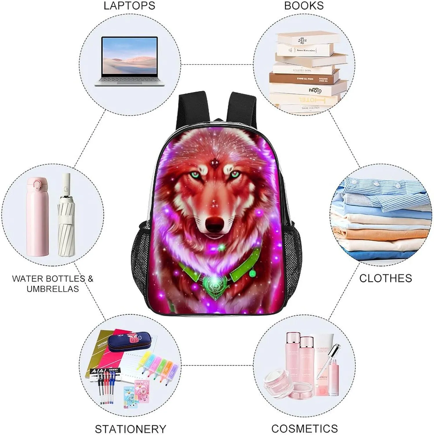 Daypack Backpack Anti-Theft Multipurpose Big Capacity Bookbag - Universe Galaxy Magic Wolf In The Space Art Business Computer Bag Transparent Bag