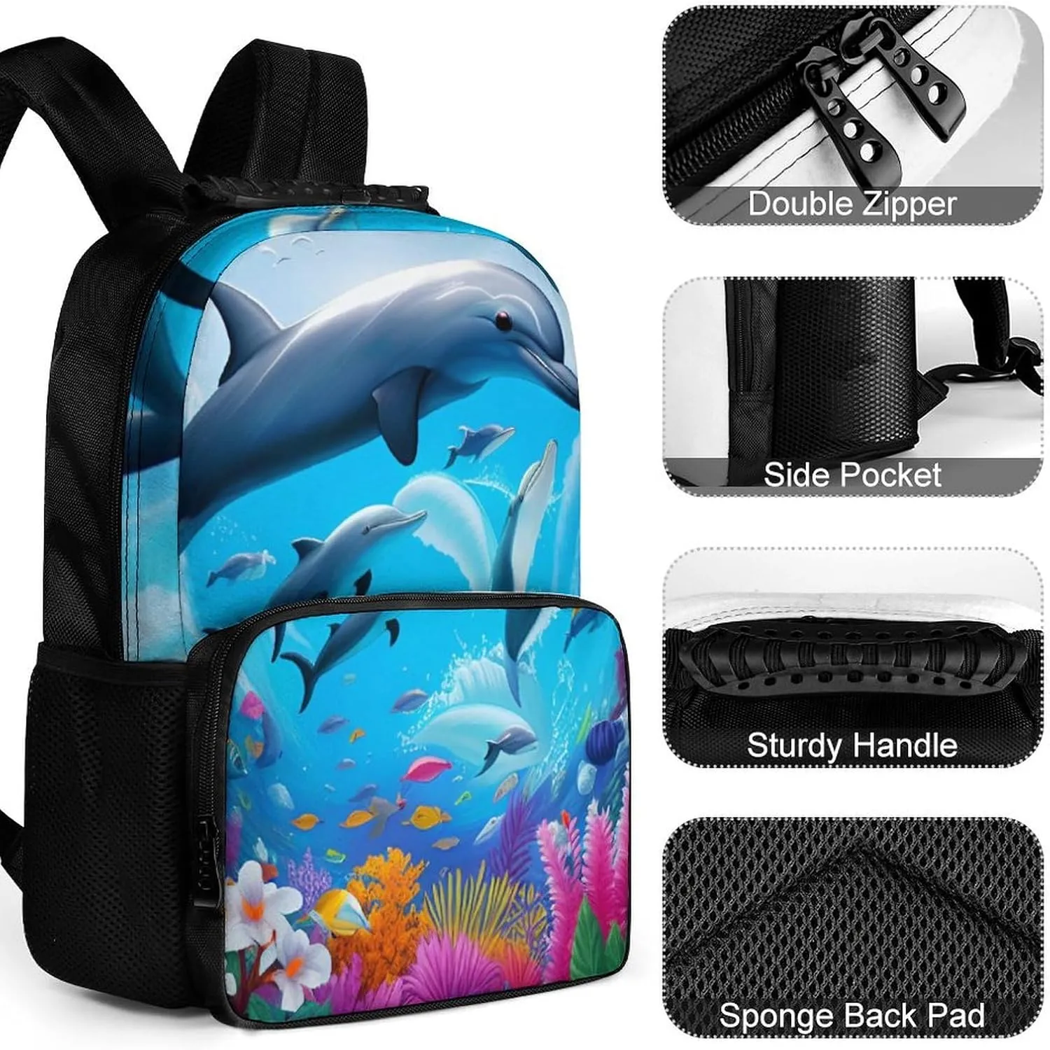 Daypack Backpack Anti-Theft Multipurpose Large Capacity Carry On Bag - Dolphins Sea Underwater Beautiful Sea World Art Traveling & Camping Backpack With Side Pockets