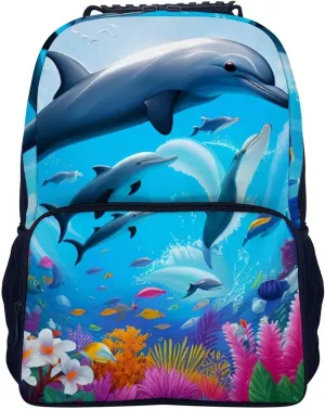 Daypack Backpack Anti-Theft Multipurpose Large Capacity Carry On Bag - Dolphins Sea Underwater Beautiful Sea World Art Traveling & Camping Backpack With Side Pockets