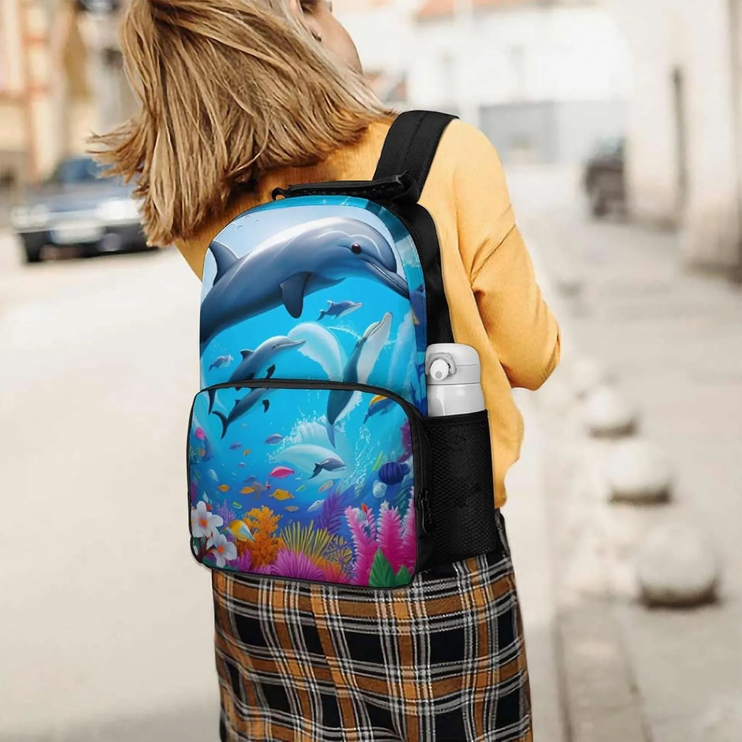 Daypack Backpack Anti-Theft Multipurpose Large Capacity Carry On Bag - Dolphins Sea Underwater Beautiful Sea World Art Traveling & Camping Backpack With Side Pockets