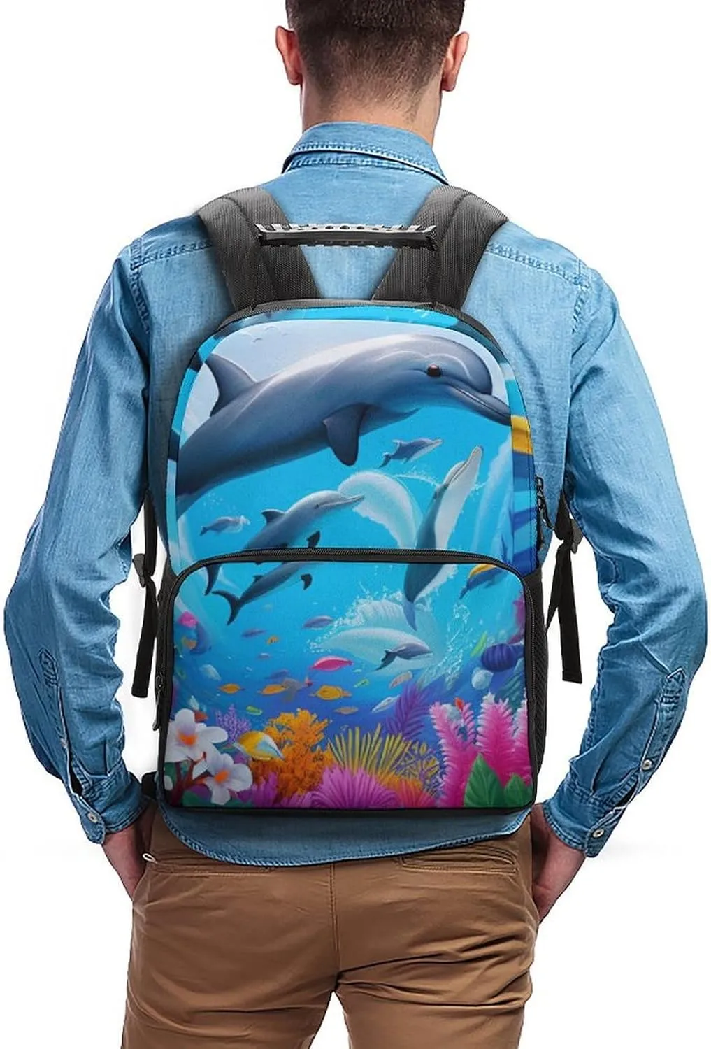 Daypack Backpack Anti-Theft Multipurpose Large Capacity Carry On Bag - Dolphins Sea Underwater Beautiful Sea World Art Traveling & Camping Backpack With Side Pockets
