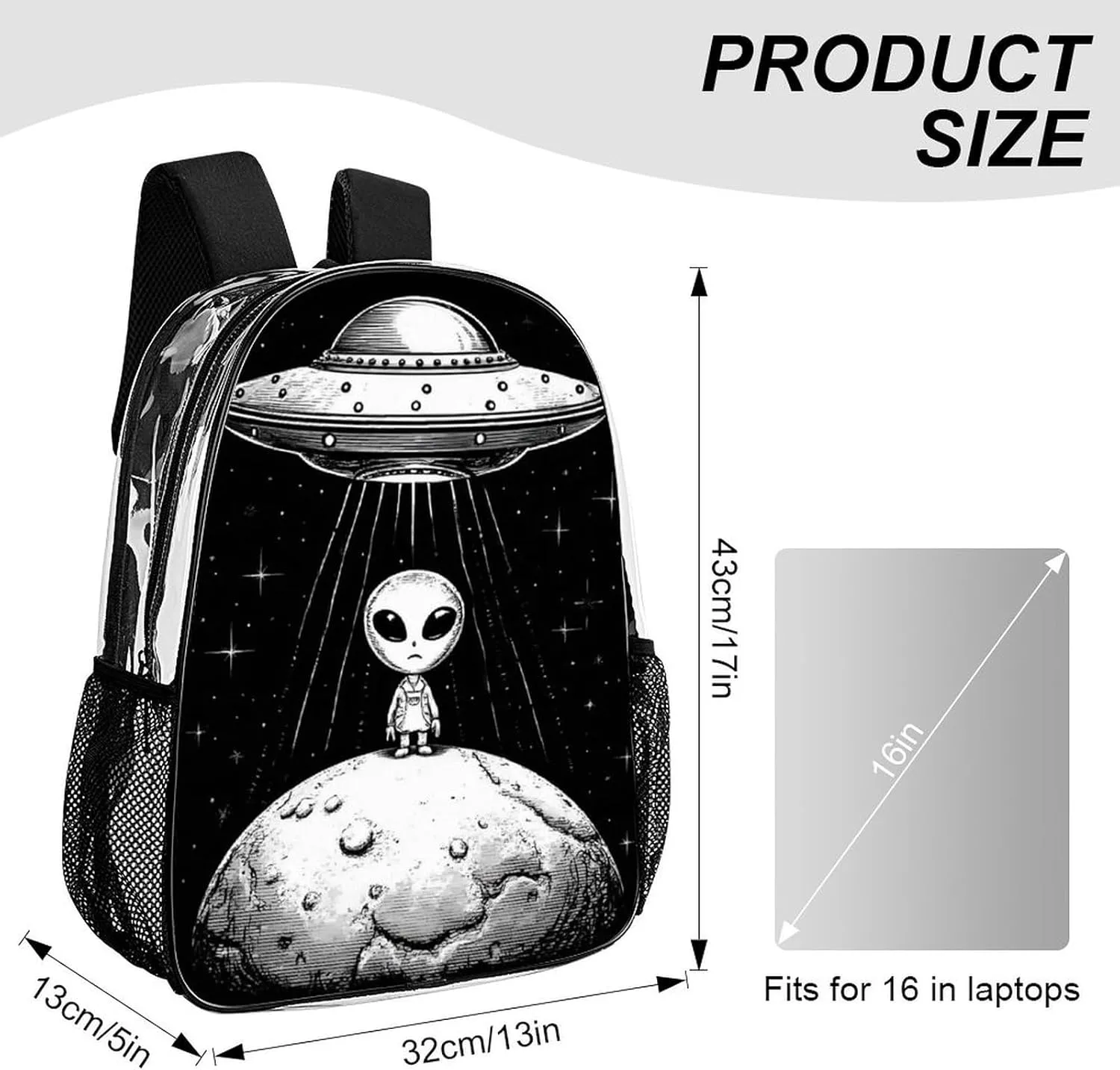 Daypack Bookbag Multipurpose Anti-Theft Big Capacity Carry On Bag - Alien Landed To Moon From Ufo Travel Hiking & Camping Rucksack Transparent Bag