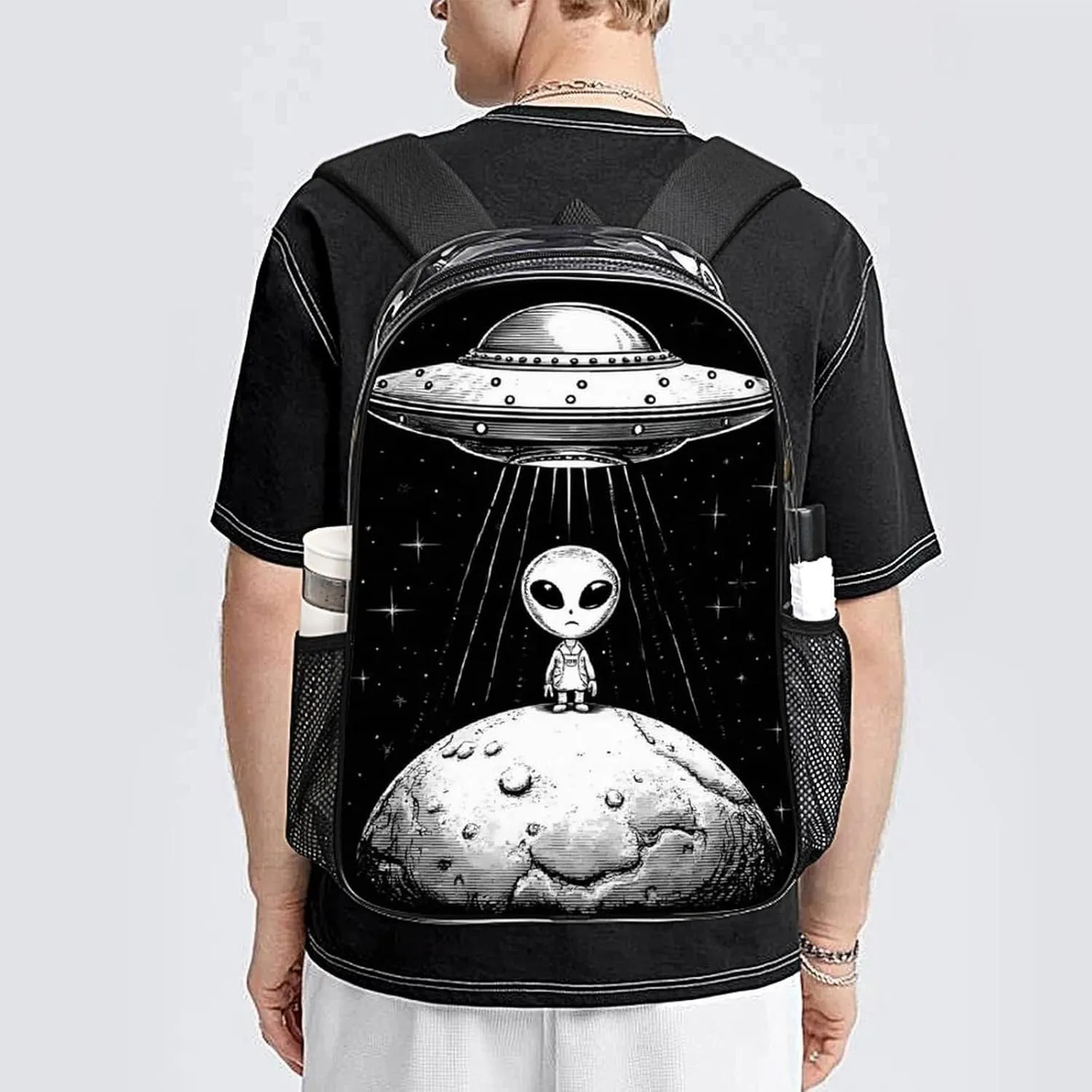 Daypack Bookbag Multipurpose Anti-Theft Big Capacity Carry On Bag - Alien Landed To Moon From Ufo Travel Hiking & Camping Rucksack Transparent Bag