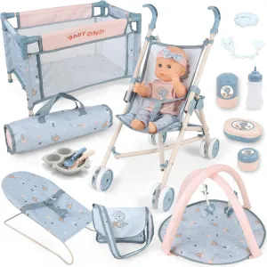 deAO Baby Doll Set,12 inch Doll Playset with Doll Stroller Crib Bed Nursery Role Play Set Accessories and Play Mat,Foldable Stroller and Travel Bag,Doll Toys for Girls