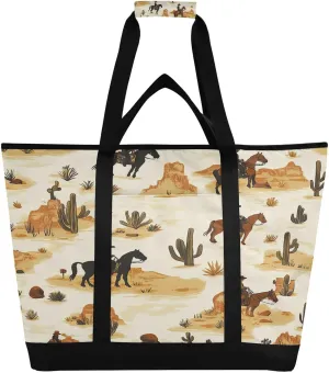 Desert Horseback Riding Large Insulated Tote Bag,Foldable Reusable Grocery Bag Cooler Bag with Cooler Compartment for Grocery, Picnic, Beach, Hiking, Camping, and Outdoor Activities