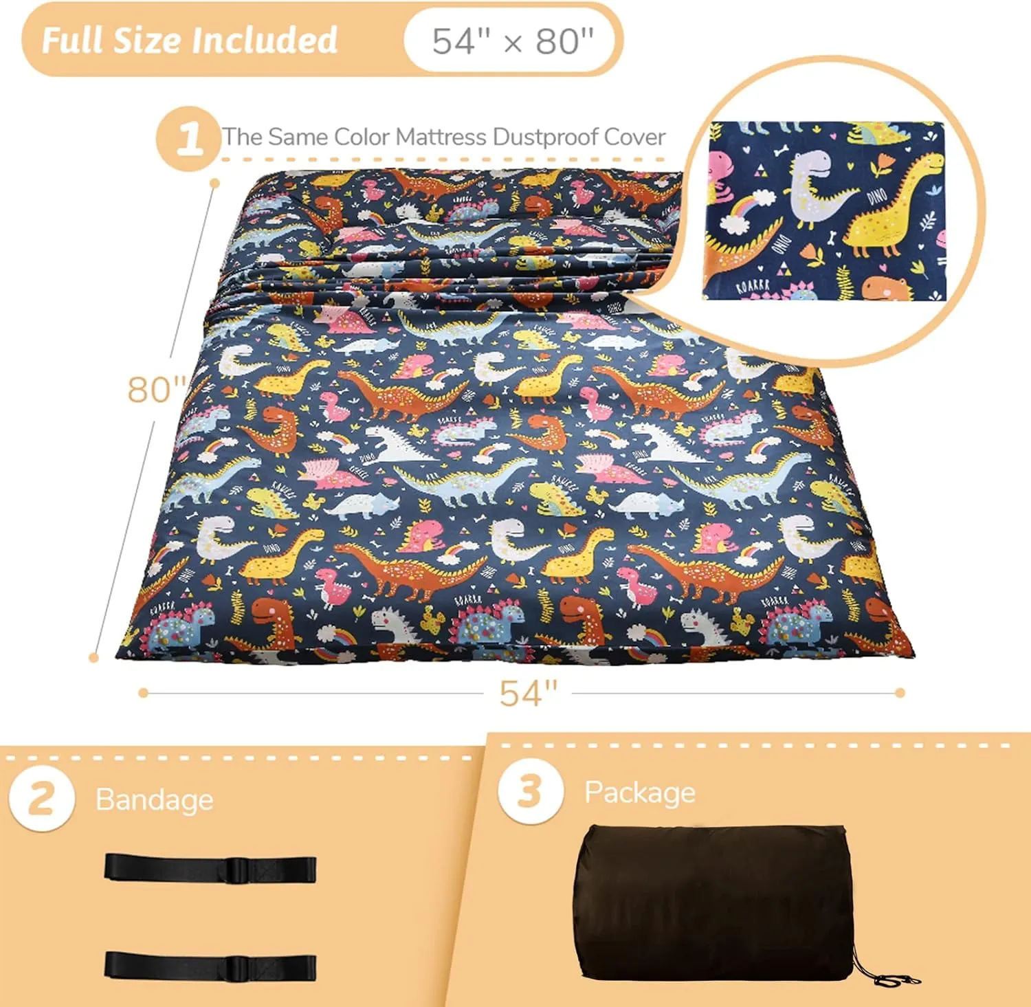 Dinosaur Japanese Floor Futon Mattress for Boys Girls, Thicken Tatami Mat Sleeping Pad Foldable Bed Roll Up Mattress Floor Lounger Bed Couches and Sofas for Kids Full Size