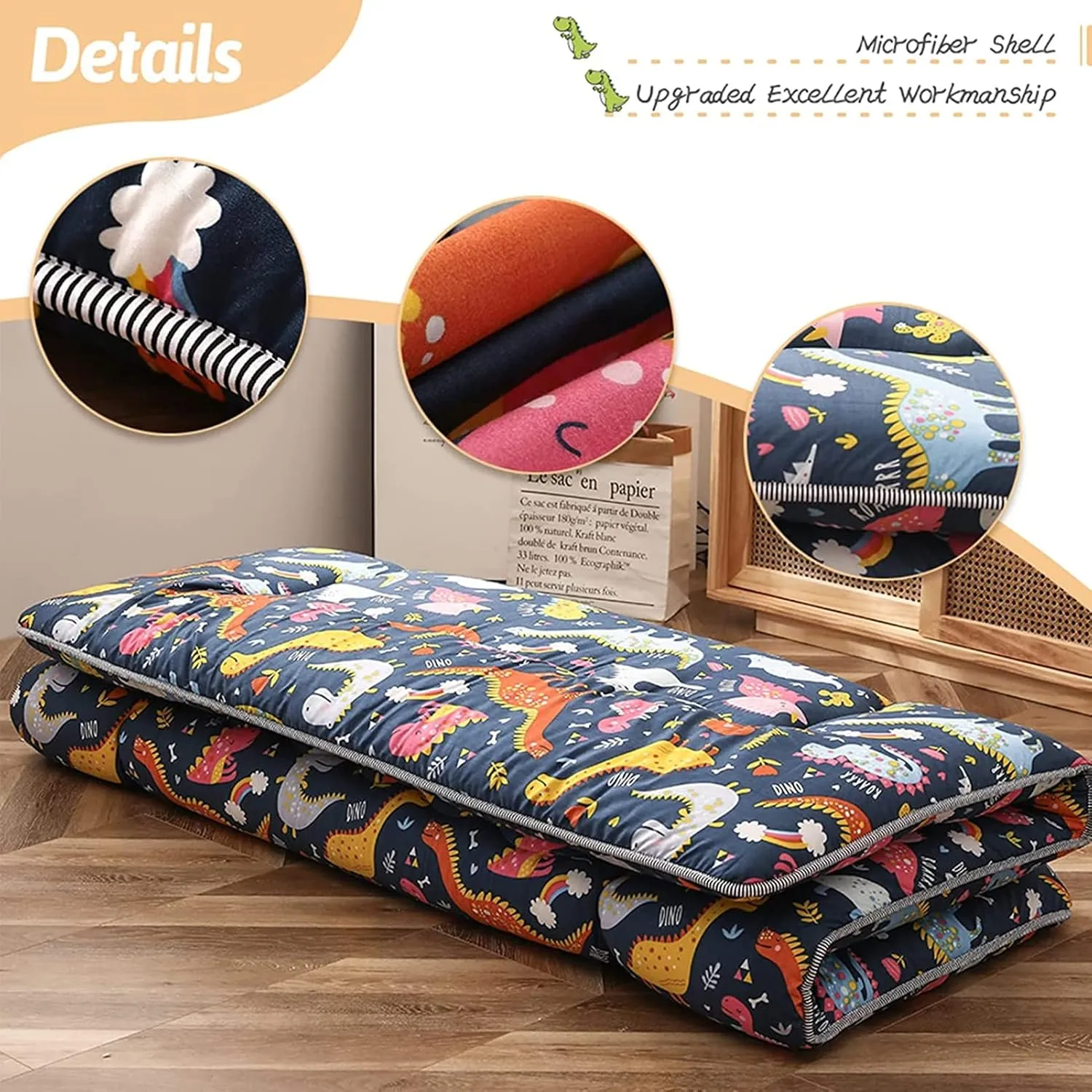 Dinosaur Japanese Floor Futon Mattress for Boys Girls, Thicken Tatami Mat Sleeping Pad Foldable Bed Roll Up Mattress Floor Lounger Bed Couches and Sofas for Kids Full Size
