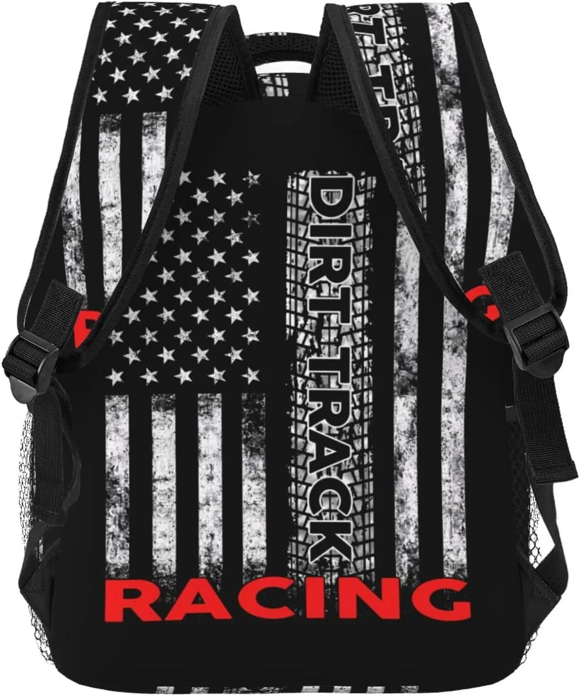 Dirt Track Racing American Flag Backpack Casual Pack Bag Laptop Backpack With Side Pocket Front Zipper Pocket Bookpack Travel Daypack Picnic Rucksack
