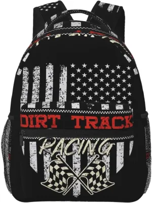 Dirt Track Racing American Flag Backpack Casual Pack Bag Laptop Backpack With Side Pocket Front Zipper Pocket Bookpack Travel Daypack Picnic Rucksack