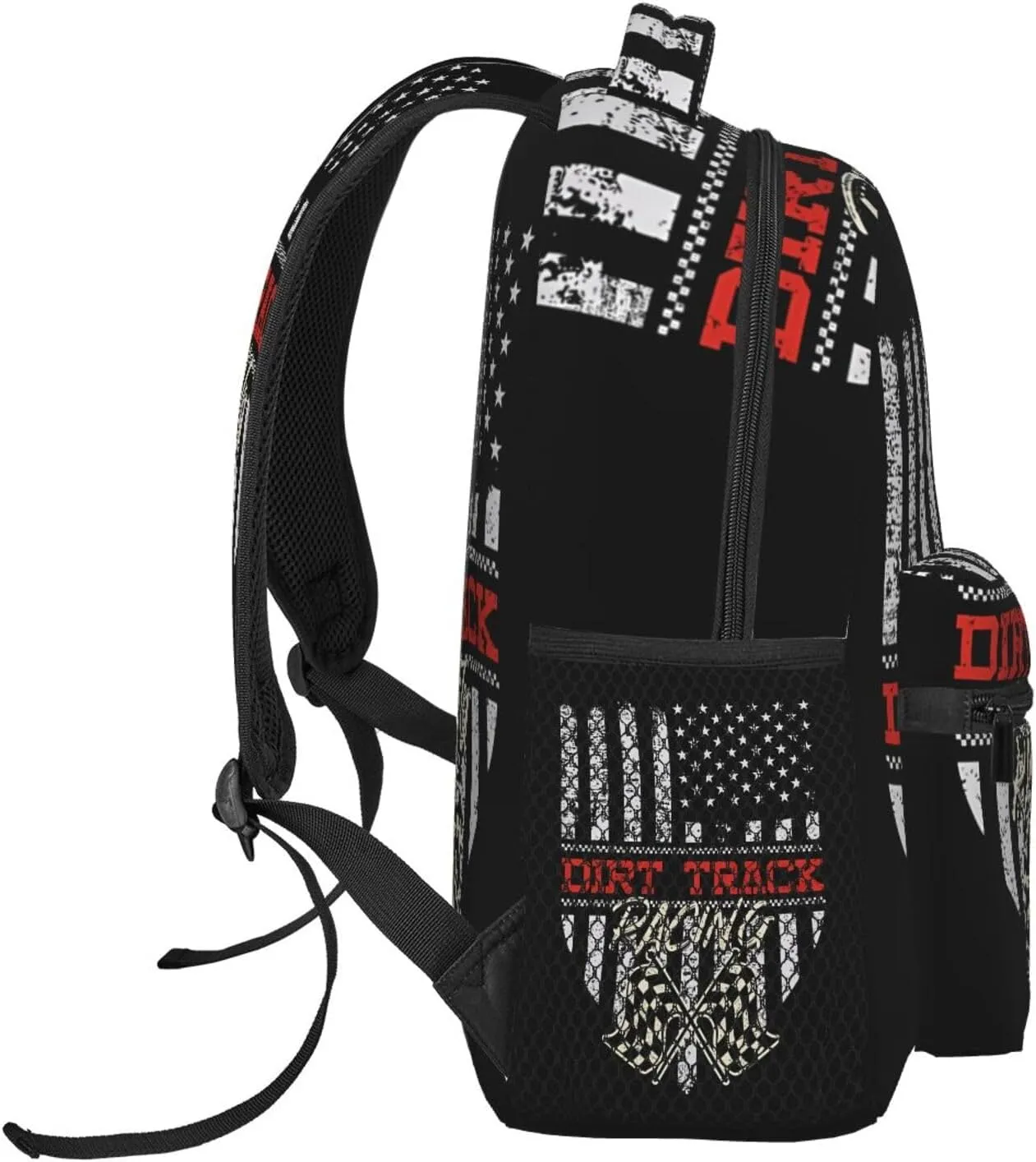 Dirt Track Racing American Flag Backpack Casual Pack Bag Laptop Backpack With Side Pocket Front Zipper Pocket Bookpack Travel Daypack Picnic Rucksack