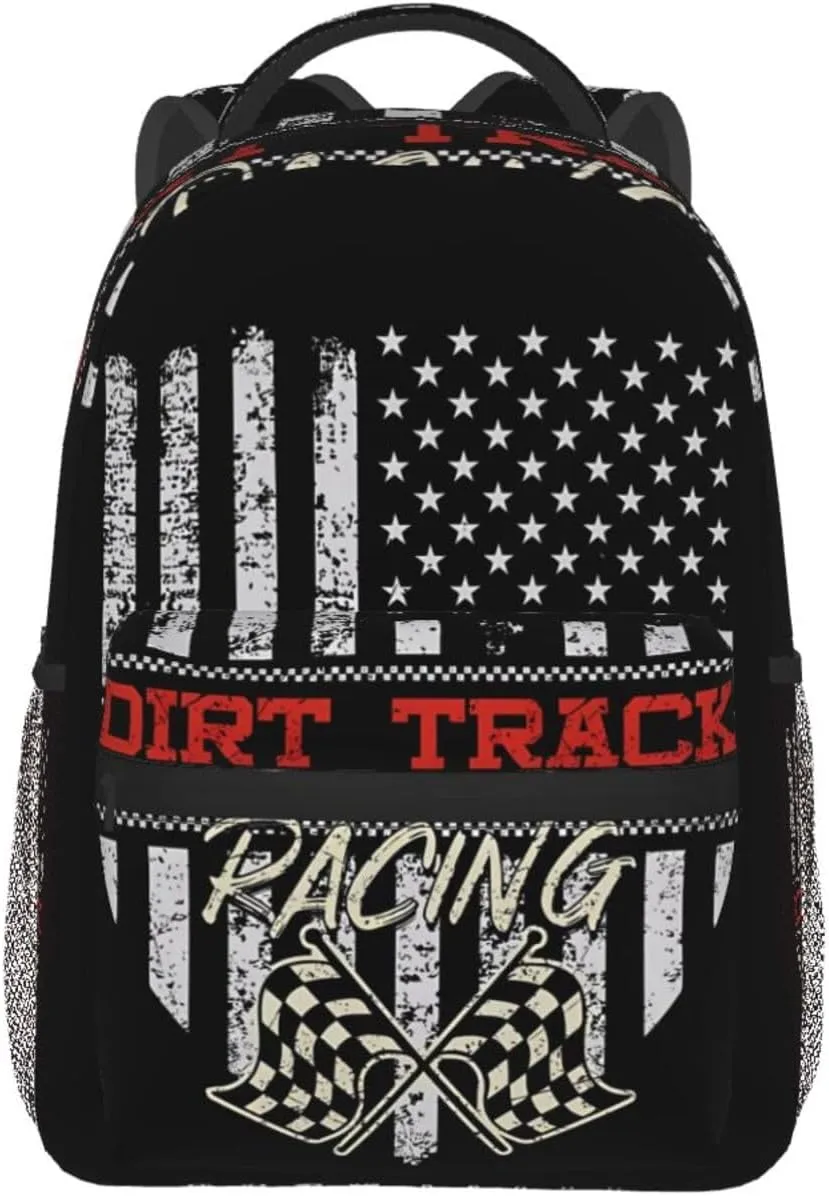 Dirt Track Racing American Flag Backpack Casual Pack Bag Laptop Backpack With Side Pocket Front Zipper Pocket Bookpack Travel Daypack Picnic Rucksack